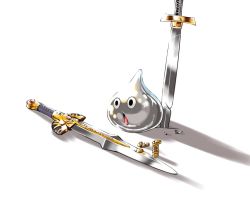 Rule 34 | black eyes, coin, crack, dragon quest, glint, gold, metal slime, no humans, open mouth, planted, shadow, simple background, slime (creature), sword, weapon, white background, yunimaru