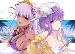 Rule 34 | 2018, 2girls, :d, ;), bare shoulders, bb (fate), bb (fate) (all), bb (swimsuit mooncancer) (fate), bb (swimsuit mooncancer) (first ascension) (fate), bb (swimsuit mooncancer) (second ascension) (fate), beach, bikini, black gloves, blue sky, blush, braid, breasts, cleavage, closed mouth, cloud, commentary request, dark-skinned female, dark skin, day, dual persona, fate/grand order, fate (series), fingerless gloves, fingernails, gloves, hair between eyes, hair ornament, hair ribbon, hand up, hat, hat ornament, jacket, large breasts, long hair, multiple girls, nail polish, off shoulder, one eye closed, open mouth, purple bikini, purple eyes, purple hair, purple nails, purple ribbon, ribbon, sand, sideways hat, signature, single braid, sky, smile, star (symbol), star hair ornament, swimsuit, very long hair, water, white bikini, white hat, yellow jacket, yukimiya yuge