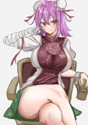 Rule 34 | 1girl, absurdres, bandaged arm, bandages, bare legs, blush, breasts, bun cover, crossed legs, double bun, feet out of frame, green skirt, hair bun, highres, ibaraki kasen, kuraki, large breasts, light smile, looking at viewer, on chair, pink eyes, pink hair, simple background, sitting, skirt, solo, thick thighs, thighs, touhou, white background