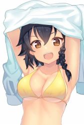 Rule 34 | 10s, 1girl, :d, armpits, arms up, bikini, black hair, braid, breasts, brown eyes, cleavage, clothes lift, collarbone, girls und panzer, hair between eyes, happy, kame^^, lifting own clothes, long sleeves, open mouth, pepperoni (girls und panzer), shirt, shirt lift, short hair, side braid, sideboob, simple background, smile, solo, swimsuit, underboob, undressing, white background, white shirt, yellow bikini