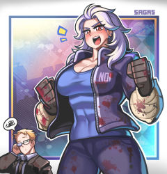 Rule 34 | 1boy, 1girl, absurdres, artist name, blue shirt, breasts, character name, cleavage, covered abs, covered navel, cowboy shot, dorohedoro, ear piercing, earrings, gloves, highres, impossible clothes, impossible shirt, jacket, jewelry, long hair, muscular, muscular female, noi (dorohedoro), open mouth, outline, piercing, red eyes, sagas293, shin (dorohedoro), shirt, solo focus, white hair, white outline