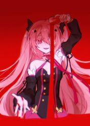 1girl absurdres arm_up black_dress black_sleeves blood blood_on_hands chinese_commentary commentary_request cowboy_shot cup detached_sleeves dress drinking_glass hair_between_eyes highres holding krul_tepes long_hair long_sleeves making-of_available one_eye_covered open_mouth owari_no_seraph pink_eyes pink_hair pointy_ears pool_of_blood procreate_(medium) red_background red_theme shamre smile solo spilling standing wading wine_glass