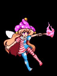 Rule 34 | 1girl, american flag dress, american flag legwear, animated, animated gif, bad id, bad nicoseiga id, blinking, blonde hair, clownpiece, fairy wings, full body, hat, holding, jester cap, long hair, lowres, namako daibakuhatsu, pantyhose, parody, pink eyes, pixel art, shirt, smile, solo, striped clothes, striped pantyhose, style parody, touhou, transparent background, very long hair, wings