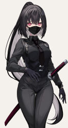 Rule 34 | 1girl, absurdres, black gloves, black hair, black necktie, black pants, black shirt, breasts, collared shirt, commentary request, dress shirt, gloves, grey background, hair between eyes, highres, katana, long hair, long sleeves, looking at viewer, mask, medium breasts, mouth mask, multicolored hair, necktie, original, pants, ponytail, red eyes, sheath, sheathed, shirt, sidelocks, simple background, solo, sword, takehana note, thigh gap, two-tone hair, very long hair, weapon, white hair