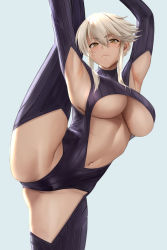 Rule 34 | 1girl, armpits, arms up, artoria pendragon (fate), artoria pendragon (lancer alter) (fate), black bodysuit, bodysuit, braid, breasts, center opening, closed mouth, fate/grand order, fate (series), french braid, highres, large breasts, leg lift, leg up, long hair, looking at viewer, revealing clothes, ribbed bodysuit, sidelocks, split, standing, standing on one leg, standing split, turtleneck, turtleneck bodysuit, underboob, yamaneko (tkdrumsco), yellow eyes
