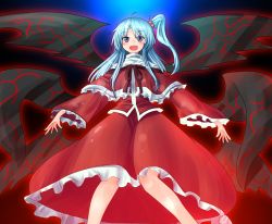 Rule 34 | 1girl, :d, ahoge, arms at sides, blue hair, blush, capelet, cowboy shot, demon wings, frilled sleeves, frills, hair bobbles, hair ornament, highres, long sleeves, looking at viewer, multiple wings, open mouth, oshiaki, purple eyes, red shirt, red skirt, shinki (touhou), shirt, side ponytail, skirt, skirt set, smile, solo, touhou, touhou (pc-98), wide sleeves, wings