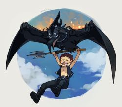 Rule 34 | 2boys, ^ ^, aged down, animal, bare pectorals, boots, charlotte katakuri, closed eyes, flying, full body, happy, helmet, king (one piece), male focus, multiple boys, one piece, pectorals, pterosaur, scar, short hair, sky, smile, stomach, weapon, wings