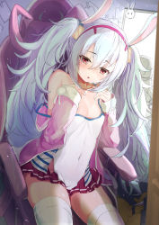 Rule 34 | 1girl, absurdres, animal ears, azur lane, breasts, chair, flat chest, gaming chair, hair between eyes, highres, laffey (azur lane), livestream, long hair, looking at viewer, monitor, ponytail, rabbit ears, red eyes, semisweet, small breasts, swivel chair, thighhighs, very long hair, white hair, white thighhighs