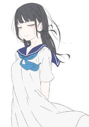 Rule 34 | 1girl, arms behind back, black hair, blue neckerchief, blue sailor collar, blunt bangs, breasts, closed mouth, dress, grey eyes, half-closed eyes, highres, long hair, looking at viewer, medium breasts, natuich, neckerchief, original, pale skin, sailor collar, sailor dress, sidelocks, simple background, solo, upper body, white background
