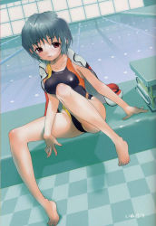 Rule 34 | 00s, 1girl, arm support, artist name, barefoot, blue hair, blush, checkered floor, competition swimsuit, dutch angle, feet, floor, highleg, highleg swimsuit, indoors, inuburo, jacket, jacket on shoulders, jpeg artifacts, lane line, leg lift, legs, light smile, maple colors, non-web source, one-piece swimsuit, one-piece tan, open clothes, open jacket, pool, poolside, red eyes, reflection, scan, shadow, shiny clothes, short hair, signature, sitting, smile, solo, spread legs, starting block, suzuhara sora, swimsuit, swimsuit under clothes, tan, tanline, tiptoes, track jacket, vanishing point, water, window