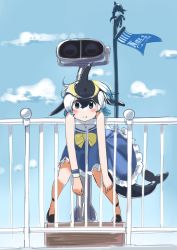 Rule 34 | 1girl, absurdres, bare shoulders, black footwear, black hair, blonde hair, blowhole, blue dress, blue eyes, blue hair, blush, bow, bowtie, cetacean tail, common dolphin (kemono friends), dolphin girl, dorsal fin, dress, fins, fish tail, flats, frilled dress, frills, highres, iwa (iwafish), kemono friends, looking at viewer, multicolored hair, pleated dress, railing, sailor collar, sailor dress, short hair, sky, sleeveless, solo, tail, tower viewer, translation request, yellow bow, yellow bowtie
