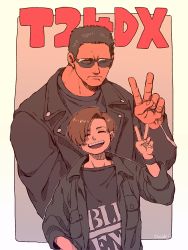 Rule 34 | 2boys, bad id, bad pixiv id, brown hair, child, closed eyes, eyes visible through eyewear, highres, jacket, john connor, leather, leather jacket, looking at viewer, male focus, multiple boys, open mouth, outsuki, red eyes, smile, sunglasses, t-800, terminator (series), terminator 2: judgment day, v