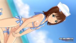 Rule 34 | 10s, 1girl, 3d, amami haruka, bad id, bad nicoseiga id, beach, blue sky, blurry, brown hair, day, depth of field, dixie cup hat, dutch angle, flat chest, green eyes, hat, idolmaster, idolmaster (classic), idolmaster 2, military hat, nipples, nude filter, outdoors, ribbon, sailor collar, sky, solo, third-party edit