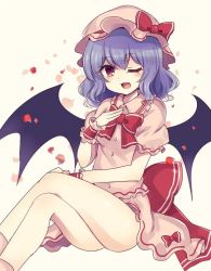 Rule 34 | 1girl, ;d, ass, bat wings, black wings, bow, bowtie, fang, looking at viewer, one eye closed, open mouth, pink shirt, purple hair, red bow, red bowtie, red eyes, remilia scarlet, shirt, short hair, short sleeves, simple background, sitting, smile, solo, subaru (subachoco), touhou, white background, wings