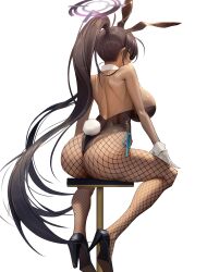 Rule 34 | 1girl, absurdly long hair, absurdres, animal ears, ass, back, backless outfit, bare back, bare shoulders, black hair, black leotard, blue archive, blush, breasts, covered mouth, dark-skinned female, dark skin, detached collar, fake animal ears, fake tail, fishnet pantyhose, fishnets, from behind, full body, gloves, halo, hand on own thigh, high heels, high ponytail, highleg, highleg leotard, highres, karin (blue archive), karin (bunny) (blue archive), kkuni, large breasts, leotard, long hair, looking at viewer, looking back, median furrow, official alternate costume, on stool, pantyhose, playboy bunny, ponytail, rabbit ears, rabbit tail, shoulder blades, side-tie leotard, sideboob, sidelocks, signature, simple background, sitting, solo, stool, strapless, strapless leotard, tail, twitter username, very long hair, white background, white gloves, yellow eyes