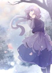 Rule 34 | 1girl, absurdres, bare tree, black thighhighs, blue eyes, highres, kakera (comona base), letty whiterock, open mouth, outdoors, purple hair, purple vest, scarf, short hair, snowing, solo, standing, thighhighs, touhou, tree, vest, white headwear, white scarf