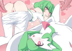 Rule 34 | 2girls, all fours, anus, arms up, ass, bare shoulders, blurry, blurry foreground, blush, bob cut, bright pupils, clitoral hood, colored skin, covered erect nipples, covering own mouth, creatures (company), female focus, flat chest, from behind, game freak, gardevoir, gen 3 pokemon, green hair, green skin, hair over one eye, hand up, heart, heart background, highres, imminent penetration, knees up, leggings, leggings pull, long sleeves, looking at viewer, looking back, lying, m3 (gardevoir m3), multicolored skin, multiple girls, nintendo, nose blush, off-shoulder shirt, off shoulder, on back, one eye covered, open mouth, original, pink background, pokemon, pokemon (creature), pussy, pussy peek, red eyes, shirt, short hair, sidelocks, spread legs, tentacles, two-tone skin, uncensored, white leggings, white pupils, white shirt, white skin