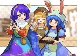 Rule 34 | 3girls, ^^^, animal ears, animal print, apron, blonde hair, blue dress, blue hair, blue headwear, brown bag, brown headwear, cabbie hat, cape, cape grab, card, closed eyes, commentary, crescent, crying, crying with eyes open, dango, dress, earclip, ears through headwear, food, hairband, hat, head scarf, highres, holding, howhow notei, long hair, long sleeves, medium hair, multicolored clothes, multicolored dress, multiple girls, open mouth, pouch, puffy short sleeves, puffy sleeves, purple eyes, purple hair, rabbit ears, rabbit print, rainbow gradient, red eyes, ringo (touhou), seiran (touhou), short sleeves, sky print, smile, star (symbol), star print, tears, tenkyuu chimata, touhou, tray, two-sided cape, two-sided fabric, wagashi, white cape, yellow dress
