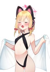 Rule 34 | 1girl, animal ear headphones, animal ears, bare shoulders, bikini, black bikini, blonde hair, blue archive, blush, bow, breasts, cat ear headphones, chestnut mouth, closed eyes, collarbone, commentary request, contrapposto, fake animal ears, hair bow, halo, headphones, highres, medium hair, momoi (blue archive), navel, no tail, open mouth, parted bangs, partial commentary, pretzel bikini, red bow, simple background, small breasts, smile, solo, standing, stomach, swimsuit, teruisi, white background