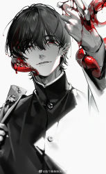 Rule 34 | 1boy, black hair, blood, blood on face, chainsaw man, earrings, greeny (maindo), highres, jewelry, long sleeves, looking at viewer, mole, mole under mouth, red eyes, school uniform, short hair, simple background, smile, tentacles, weibo logo, weibo watermark, white background, yoshida hirofumi