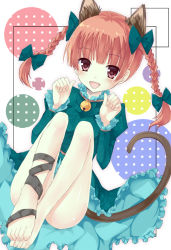 Rule 34 | 1girl, :d, animal ears, bare legs, barefoot, bell, blush, braid, cat ears, cat girl, cat tail, dress, extra ears, fang, feet, female focus, kaenbyou rin, legs, mizumidori, open mouth, red eyes, red hair, smile, solo, tail, touhou, twin braids, twintails, wide hips