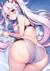 Rule 34 | 1girl, absurdres, ahoge, ass, ass focus, back, bare arms, bare shoulders, bikini, breasts, from behind, gradient hair, hair ornament, highres, huge ass, large breasts, long hair, looking at viewer, looking back, lying, matoi (pso2), multicolored hair, on stomach, phantasy star, phantasy star online 2, red eyes, smile, solo, sugiki, swimsuit, twintails, very long hair, wet, white bikini, white hair