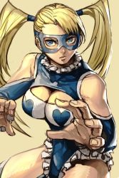 Rule 34 | 1girl, bare shoulders, blonde hair, blue eyes, breasts, capcom, cleavage, clothing cutout, fighting stance, hungry clicker, leotard, long hair, mask, rainbow mika, shoulder cutout, simple background, solo, street fighter, twintails, wrestling outfit, yellow background