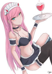 Rule 34 | 10s, 1girl, absurdres, alcohol, asymmetrical legwear, bare shoulders, blush, breasts, cleavage, closed mouth, darling in the franxx, green eyes, highres, horns, long hair, looking at viewer, maid, medium breasts, pink hair, sato art, simple background, sitting, skirt, smile, solo, thighhighs, tray, uneven legwear, white background, wine, zero two (darling in the franxx)