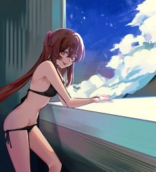 Rule 34 | 1girl, :p, absurdres, arm rest, bare legs, bare shoulders, bikini, bikini pull, black bikini, blue sky, breasts, brown hair, clothes pull, cloud, erroten, from side, genshin impact, gradient hair, highres, hu tao (genshin impact), legs, long hair, looking at viewer, looking to the side, multicolored hair, red eyes, red hair, side-tie bikini bottom, sky, small breasts, solo, swimsuit, symbol-shaped pupils, thighs, tongue, tongue out, twintails, two-tone hair