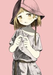 Rule 34 | 1girl, blonde hair, blush, child, helmet, highres, index fingers together, kilsturgeon, looking at viewer, medium hair, open mouth, original, pale skin, pink background, sash, short sleeves, simple background, solo, sweatdrop, tunic, white tunic, yellow eyes