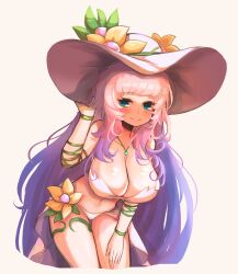 1girl bare_legs bare_shoulders blue_hair blush bracelet breasts brown_background cleavage commission cropped_legs dungeon_and_fighter flower gradient_hair green_eyes hand_on_own_thigh hat highres holding holding_hat holding_unworn_clothes hwaryeok jewelry large_breasts leaning_forward long_hair long_sidelocks looking_at_viewer multicolored_hair navel pink_hair pink_hat sidelocks smile solo standing swimsuit tropical very_long_hair