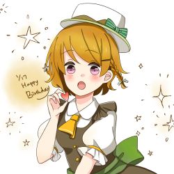 Rule 34 | 1girl, alternate hairstyle, artist name, artist request, back bow, blush, bow, bow hat, brown hair, brown skirt, collared shirt, female focus, green bow, hair between eyes, hat, koizumi hanayo, love live!, love live! school idol festival, love live! school idol project, puffy short sleeves, puffy sleeves, purple eyes, shirt, short hair, short sleeves, skirt, small (pixiv41206056), solo, striped, striped bow, white hat, white shirt, yellow neckwear