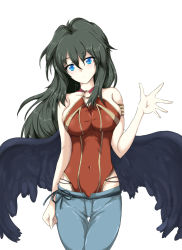 Rule 34 | 1girl, armlet, bad id, bad pixiv id, bare shoulders, black hair, black wings, blue eyes, breasts, echizen (hvcv), fire emblem, fire emblem: radiant dawn, highres, large breasts, long hair, nintendo, o-ring, o-ring top, pants, simple background, solo, vika, waving, white background, wings
