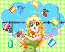 Rule 34 | 1girl, ahoge, blonde hair, breasts, capcom, controller, english text, engrish text, famicom, game console, game controller, green eyes, hoshii miki, idolmaster, idolmaster (classic), ladder, long hair, medium breasts, mega man (character), mega man (classic), mega man (series), mega man 3, playing games, proto man, ranguage, ryoi, scarf, shield, solo, sunglasses
