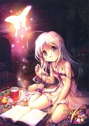 Rule 34 | 1girl, :o, absurdres, ahoge, animal, ankle ribbon, babydoll, barefoot, bekkankou, blush, book, book stack, bookmark, bug, butterfly, candy, candy cane, chemise, couch, cup, cupcake, dress, fireplace, flying, food, glowing, highres, huge ahoge, insect, leaf, leg ribbon, lollipop, long hair, looking at viewer, macaron, mug, neck ribbon, open book, original, package, parted lips, pink eyes, pink hair, purple ribbon, ribbon, scan, sitting, strap slip, sweets, swirl lollipop, tray, wariza, wood