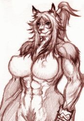 Rule 34 | 1girl, abs, animal ears, breasts, chinbotsu, female pubic hair, furry, furry female, large breasts, muscular, nude, perky breasts, ponytail, pubic hair, pussy, sketch, solo, wolf