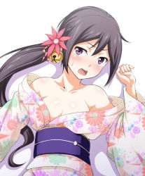Rule 34 | 10s, 1girl, akebono (kancolle), bell, collarbone, floral print, flower, hair bell, hair flower, hair ornament, japanese clothes, kantai collection, kimono, looking at viewer, obi, off shoulder, open mouth, purple eyes, sash, side ponytail, solo, tomokichi, upper body, white background