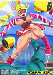 Rule 34 | 1girl, arms (game), artist name, ass, blonde hair, blue eyes, body blush, bottomless, boxing gloves, breasts, breasts out, earrings, gluteal fold, groin tendon, jewelry, large breasts, mask, moulin brush, multicolored hair, nintendo, nipples, object insertion, open clothes, open mouth, ponytail, pussy, ribbon girl (arms), shiny skin, skirt, spread legs, spread pussy, thick thighs, thighs, vaginal, vaginal object insertion, wet