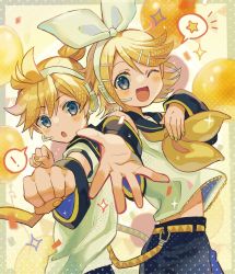 Rule 34 | !, 1boy, 1girl, balloon, bishounen, bow, brother and sister, clenched hand, commentary, cowboy shot, hair between eyes, hair bow, headphones, highres, kagamine len, kagamine rin, looking at viewer, microphone, nail polish, one eye closed, open mouth, outstretched arm, reaching, reaching towards viewer, siblings, side-by-side, spoken exclamation mark, spoken object, spoken star, star (symbol), symbol-only commentary, umibatari, vocaloid, yellow nails