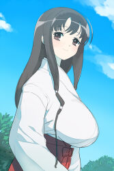 Rule 34 | 1girl, :&gt;, black hair, blue sky, breasts, brown eyes, closed mouth, cloud, cowboy shot, day, dutch angle, foliage, from side, hakama, huge breasts, impossible clothes, iwato kasumi, japanese clothes, kimono, long hair, long sleeves, looking at viewer, looking to the side, miko, moudoku (decopon3rd), outdoors, red hakama, saki (manga), sky, smile, solo, standing, underbust, white kimono