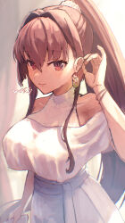 Rule 34 | 1girl, blush, breasts, brown eyes, brown hair, closed mouth, collarbone, dress, earrings, hair between eyes, hair intakes, jewelry, kantai collection, large breasts, long hair, looking at viewer, ponytail, smile, solo, upper body, white dress, wss (nicoseiga19993411), yamato (kancolle)