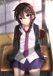 Rule 34 | 1girl, arm behind back, black jacket, blue eyes, blue skirt, blush, bow, braid, breasts, brown hair, classroom, collared shirt, cowboy shot, day, desk, giraffe (ilconte), hair between eyes, hair bow, hair flaps, hair ornament, hair over shoulder, hairpin, hand up, head tilt, highres, indoors, jacket, kantai collection, long hair, long sleeves, looking at viewer, medium breasts, mixed-language commentary, necktie, open clothes, open jacket, open mouth, pleated skirt, purple necktie, red bow, school desk, shigure (kancolle), shirt, single braid, sitting, sitting on table, skirt, solo, sunlight, unzipped, white shirt