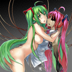 Rule 34 | 2girls, ahoge, android, cable, damaged, green eyes, green hair, hatsune miku, highres, long hair, mechanical parts, multiple girls, nude, pink eyes, pink hair, twintails, very long hair, vocaloid, yuki tarou