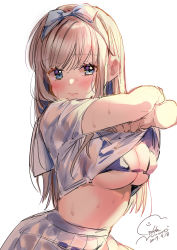 Rule 34 | 1girl, absurdres, bikini, bikini day, blonde hair, blue bow, blue eyes, blush, bow, breasts, cleavage, closed mouth, clothes lift, dated, dot nose, geshumaro, grey shirt, grey skirt, hairband, highres, large breasts, lifted by self, long hair, looking at viewer, original, pleated skirt, purple bikini, shirt, shirt lift, short sleeves, signature, simple background, skirt, solo, swimsuit, undressing, wet, wet clothes, wet shirt, white background