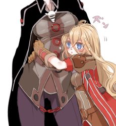 Rule 34 | 2girls, bad id, bad pixiv id, belt, black cape, blonde hair, breasts, brown jacket, cape, chain, closed mouth, contrapposto, gluteal fold, hair between eyes, head out of frame, hug, jacket, large breasts, long hair, lyza (made in abyss), made in abyss, mamaloni, motion lines, multiple girls, ozen, pants, purple eyes, purple pants, simple background, standing, whistle, white background