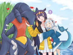 Rule 34 | aoi (aoisaka), blue hair, blunt bangs, blush, creatures (company), fins, fish tail, game freak, garchomp, gawr gura, gawr gura (1st costume), gen 4 pokemon, grass, hand on another&#039;s chin, hand on another&#039;s head, highres, hololive, hololive english, holomyth, hug, long hair, multicolored hair, multiple girls, ninomae ina&#039;nis, nintendo, open mouth, orange hair, pointy ears, pokemon, pokemon (creature), pokemon bdsp, purple hair, raincoat, shark tail, sharp teeth, silver hair, smile, streaked hair, stroking another&#039;s chin, tail, teeth, tentacle hair, very long hair, violet (ninomae ina&#039;nis), virtual youtuber, water