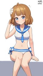 Rule 34 | arm at side, artist name, bare arms, bare legs, bikini, blue eyes, blue sailor collar, blunt bangs, blush, bow, bow bikini, breasts, brown hair, child, closed mouth, dated, feet out of frame, flower, flying sweatdrops, hair flower, hair ornament, hand in own hair, hand up, highres, idolmaster, idolmaster million live!, knees together feet apart, legs, looking at viewer, midriff, multicolored bikini, multicolored clothes, myeolchi, navel, necktie, sailor bikini, sailor collar, sailor swimsuit (idolmaster), short hair, short necktie, simple background, sitting, small breasts, striped bow, suou momoko, swimsuit, white background, white bikini