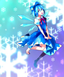Rule 34 | 1girl, bad id, bad pixiv id, barefoot, blue eyes, blue hair, bow, cirno, dada, dada (dolce), fairy, female focus, hair bow, matching hair/eyes, ribbon, short hair, snowflakes, solo, embodiment of scarlet devil, touhou, wings