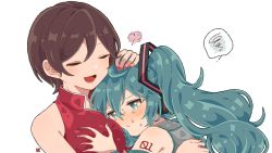 Rule 34 | 2girls, puff of air, aqua eyes, aqua hair, aqua necktie, bare shoulders, grabbing another&#039;s breast, breast pillow, breasts, brown hair, closed mouth, comforting, commentary, crying, crying with eyes open, detached sleeves, grabbing, grey shirt, hair ornament, hatsune miku, head on chest, large breasts, long hair, meiko (vocaloid), misogi ria, multiple girls, nail polish, necktie, open mouth, red nails, red shirt, shirt, short hair, shoulder tattoo, sleeveless, sleeveless shirt, smile, spoken squiggle, squiggle, tattoo, tears, twintails, upper body, very long hair, vocaloid, white background