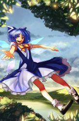 Rule 34 | 1girl, blue dress, blue eyes, blue hair, blue sky, bow, bukimi isan, cirno, cloud, day, dress, frills, hair bow, hair ornament, highres, ice, ice wings, looking at viewer, mary janes, matching hair/eyes, nature, open mouth, outstretched arms, puffy sleeves, shoes, short hair, short sleeves, sky, smile, socks, solo, touhou, white socks, wings
